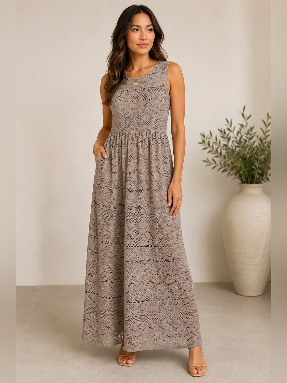 Coldwater Creek Light Brown Lace Open Weave Sleeveless Full Length Dress